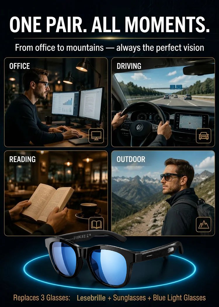 Intelligente Brille mit Zoom, Farbwechsel und Echtzeit-AI-Übersetzung