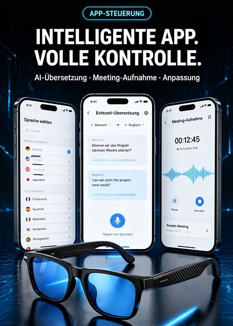 Intelligente Brille mit Zoom, Farbwechsel und Echtzeit-AI-Übersetzung